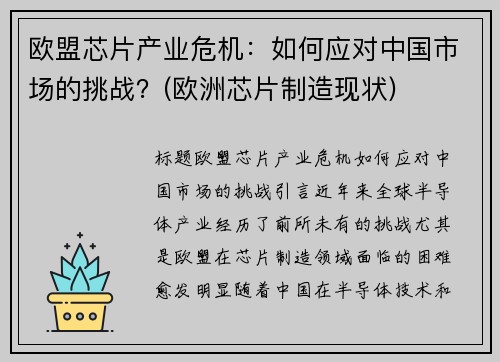 欧盟芯片产业危机：如何应对中国市场的挑战？(欧洲芯片制造现状)