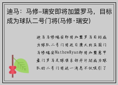 迪马：马修-瑞安即将加盟罗马，目标成为球队二号门将(马修·瑞安)