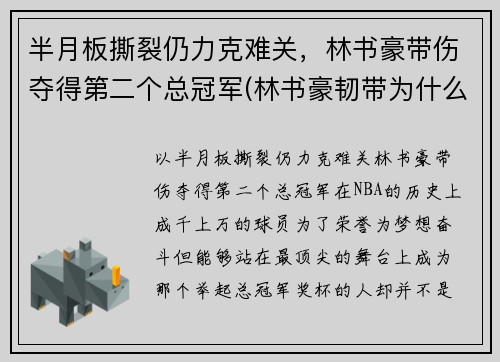 半月板撕裂仍力克难关，林书豪带伤夺得第二个总冠军(林书豪韧带为什么会断)